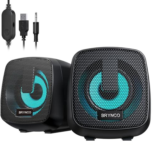 BRYNCO 2.0 Channel RGB Computer Speakers with Enhanced Bass & Volume Control USB-Powered Gaming Speakers for PC/Laptop/Tablet/Phone Plug & Play, 3.5mm AUX, Multi-Device Compatibility (Black)