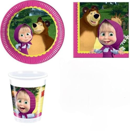 Kit de fiesta de Masha y el Oso - Decoración de mesa para fiesta temática para 8 invitados (8 platos, 8 vasos, 20 servilletas) (sin mantel)