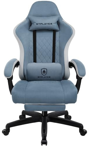 Fabric Gaming Chair with Footrest, Ergonomic Computer Desk Chair with Pocket Spring Cushion Home Office High Back Support Lumbar Support Heavy Duty Wide (Light Blue)