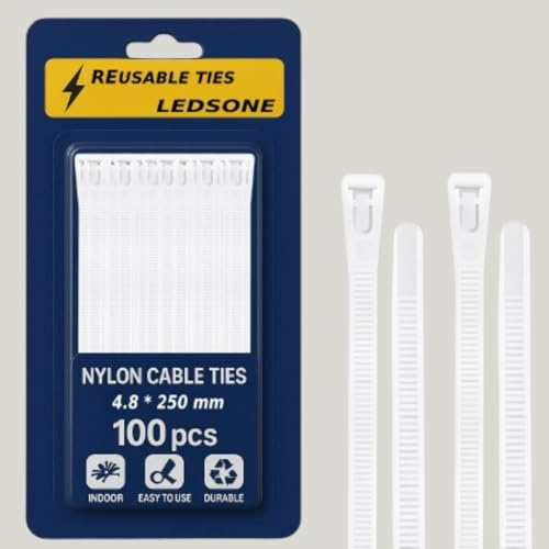 100 Pack Reusable Cable Ties 250mm White Heavy Duty Strong Nylon Large Zip Ties Releasable Plastic Thick Tie Wraps (White 250 x 4.8 mm)