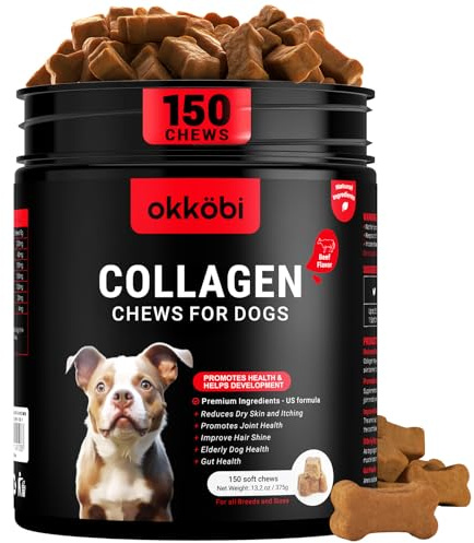 OKKÖBI Collagen for Dogs - 150 Chews - Joint, Skin & Coat Supplement with Hyaluronic Acid, Eggshell Membrane & Vitamin C - Daily Hip & Joint Support for Senior Dogs & Puppies - Beef