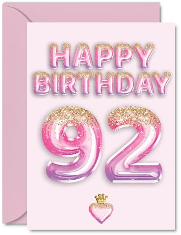 92nd Birthday Cards for Women and Men, Pink & Purple Glitter Balloons | Happy Birthday Card for 92 Year Old Man Woman Wife or Husband Uncle Auntie, A5 Bday Greeting Cards