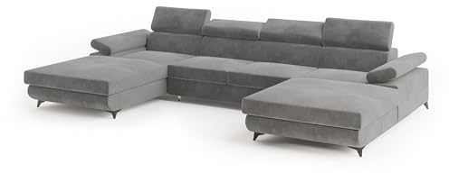 Masseno Ecksofa DETTI M mit Schlaffunktion U-Form, Glamour Sofa mit Bettkasten, Wohnzimmersofa, Couch, Soffa, Bettsofa, Couchgarnitur - Grau, Monolith 85
