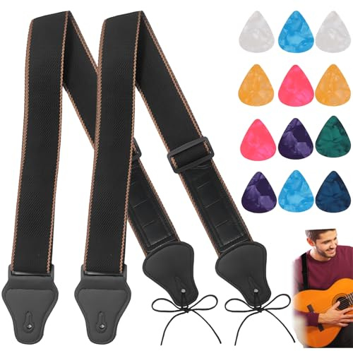 FDJZXW 2 Stück Gitarrengurt Leder mit 12 Gitarren Plektrum, Guitar Strap, Verstellbare Geflochtene Bass E-Gitarre Gurte für Westerngitarre, Akustikgitarre (Schwarz)