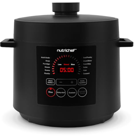 NutriChef Pentola a Pressione Elettrica 6 Litri, 1000 Watt Multicooker, Cuociriso, Slow Cooker, Vaporiera Elettrica, Acciaio Inox, LCD, Timer, Mantieni Caldo, Nero