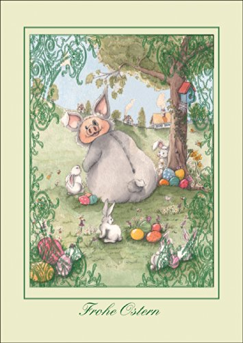 Fröhliche Osterkarte - Ein Schwein im Osterhasen Pelz mit bunten Eiern: Frohe Ostern • fröhliche Klappkarte mit Ostermotive für Freunde, Familie