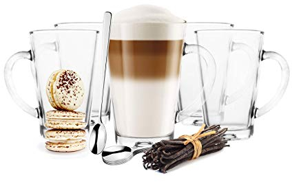 6 bicchieri da caffè/tè 300 ml con manico e 6 cucchiaini in acciaio inox (gratis), 20 varianti di bicchieri per latte macchiato. trasparente
