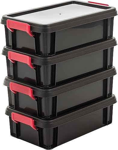 Iris Ohyama, Kunststoff-Aufbewahrungsbox, 4-Liter-Garage-Aufbewahrungsbox, 4er-Set, stapelbar, MBX-4, Schwarz, stapelbar, Verschlussklammern ? B36,5 x T21,5 x H10,5 cm