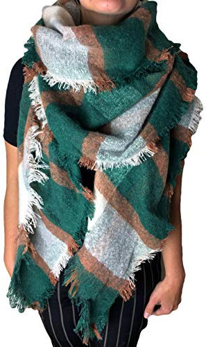 Damen XXL Winter Schal riesig viele Farben extrem flauschig dick Baumwolle Poncho Karo Halstuch Cape Scarf Blogger Herbst kariert Fransen (AZ-49)
