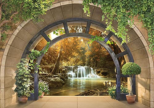 Forwall - Vlies Fototapete Fenster Wasserfall Wald Natur Ausblick 254x184 cm - Fototapeten - Tapeten - für Wohnzimmer Schlafzimmer - Vliestapete Wandtapete Tapete 3D Effekt- inkl. Kleister