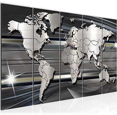 Runa Art Wandbild XXL Weltkarte Büro Wohnzimmer 200 x 80 cm Schwarz Weiss 5 Teilig - Made in Germany - 107955a