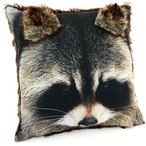 heimtexland ® Kissenhülle Waschbär mit aufgesetzten Ohren 40x40 cm mit Fell - hochauflösender Digital-Fotodruck auf samtig weichem Velour Kissen Hüttenstil Waldtiere Dekokissen Typ587