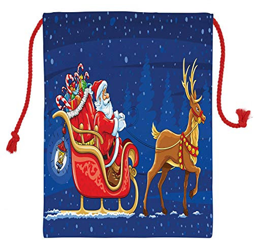 ABAKUHAUS Weihnachtsmann Geschenksack, Bewegen Sie sich auf Schlitten in der Nacht, Nikolas Weihnachts Tasche Tüte aus Stoff für Geschenke, Marineblau Multicolor, 50x65cm