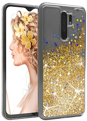 EAZY CASE Hülle kompatibel mit Xiaomi Redmi 9 / Redmi 9 Prime Schutzhülle mit Flüssig-Glitzer, Handyhülle, Schutzhülle, mit Glitter Flüssigkeit, TPU/Silikon, Transparent/Durchsichtig, Gold