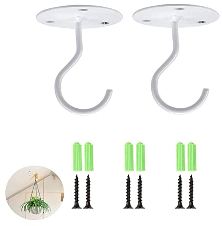 TSKDKIT Ceiling Hooks for Hanging Plants, Heavy Duty Brackets Wall Mount Hooks Metal Ceiling Brackets with Screws for Hanging Wind Chimes, Light, Bird Feeders etc (White)