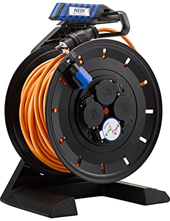 HEDI Kabeltrommel 40 m Generation 7 (Farbe orange, Kunststoff, Leitung H07BQ-F 3G1,5, 4-Fach Steckdose, mit Stecker-Dichtlippe, Überlastschutz) K740QTF500, Mehrfarbig