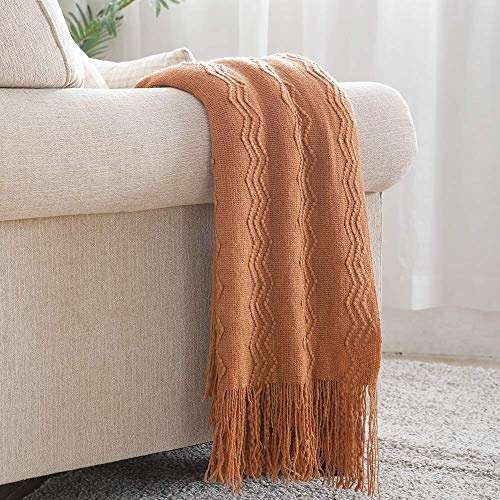 BOURINA Knitted Textured Throw Soft Sofa Blanket Almond 127x228cm | Soft textured solid knit fabric, decorative home throw, multi-use for sofa couch bed, lightweight warm, neutral home decor