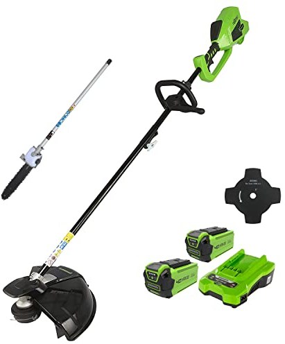 Greenworks Cortabordes Eléctrico y Desbrozadora 40V 40cm, Motosierra Pértiga como Accesorio con 2 Batería 2Ah y Cargador