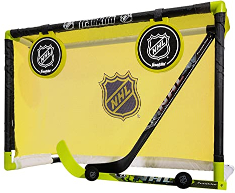 Franklin Sports Mini Hockey Goal Set - Indoor Knee Hockey Goal + (2) Shinny Hockey Sticks - (2) Mini Foam Hockey Balls + Pop Out Shooting Targets - All Star