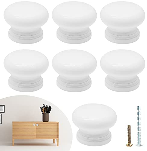 Waziaqoc 15PCS Round Wood Drawer Knobs, 1-3/8 inch Diameter Mushroom Knobs Wooden Cabinet Pulls Handles with Mounting Screws for Furniture - White