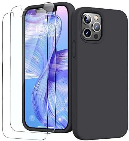 GOODVISH 3 in 1 für iPhone 12 Hülle iPhone 12 Pro Hülle mit 2 Stück Schutzfolie, Hochwertiges Silikon Rundumschutz Handyhülle, mit Weichem Mikrofaser Innenfutter Stoßfestes Schutzhülle, Schwarz