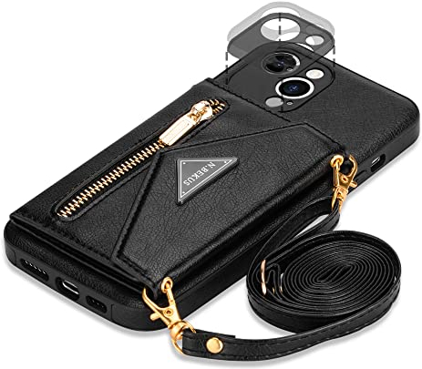 GUVAGI Handyhülle für iPhone 13 Mini Hülle mit Band Case Leder, Handykette Klapphülle Reißverschluss Stoßfest Schutzhülle Magnet Aesthetic Mädchen Handy Hülle mit Kette Umhängen (Schwarz)