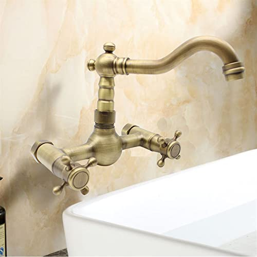 Retro Antik Messing Wandmontage Wasserhahn Spültischarmatur Nostalgie Bad Wasserhahn Waschbecken Mischbatterie Waschtischarmatur Wandarmatur Unterputz Küche Zwei Griff Spüle Armatur