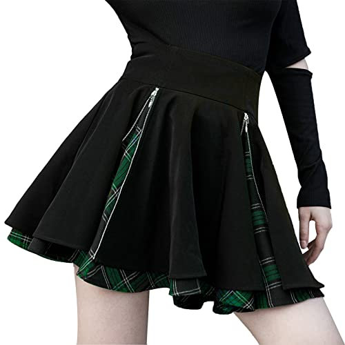 Kisidoo Gothic Röcke Nette Hohe Elastische Taille Plaid Kilts für Frauen Trendy Hem Flared Knielang Mini Skater Rock, A# Grünes Karomuster, 3X-Groß