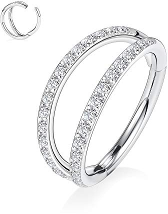 AROWRO 16g 6mm Double CZ Nasenring für Single Piercing Conch Daith Helix Nase Rook Piercing Schmuck Double Hoop Nasenring Septum Ringe Nasenringe Hoops Conch Hoop Ohrring Septum Clicker Silber