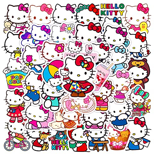 50 Stück Hello Kitty Aufkleber für Kinder, Teenager, Erwachsene, Jungen, Mädchen, Geschenk, Aufkleber, Set für Laptop, Skateboard, Gepäck, Auto, Fahrrad, Tasse, Computer, Vinyl, wasserdichte Anime
