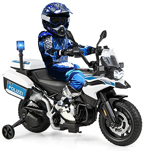 COSTWAY 12V BMW Kinder Elektromotorrad Polizei mit Musik und Polizeilicht, Kindermotorrad mit 2 Stützrädern, 3-6 km/h, geeignet für Kinder ab 3 Jahre alt