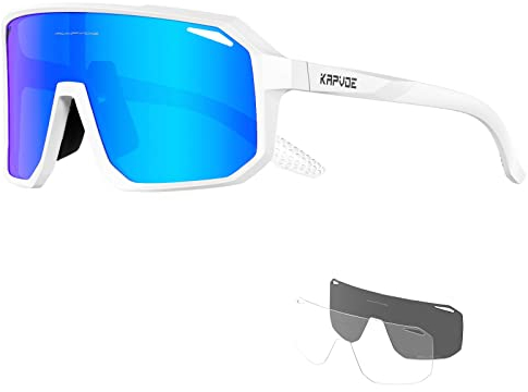 KAPVOE Polarisiert Fahrradbrille Herren Damen Sonnenbrille 3 Wechselgläsern TR90 Sportbrille Radfahren MTB Radbrille Laufen Wandern Golf Baseball Volleyball Tennis Angeln Softball Bergsteigen Blau