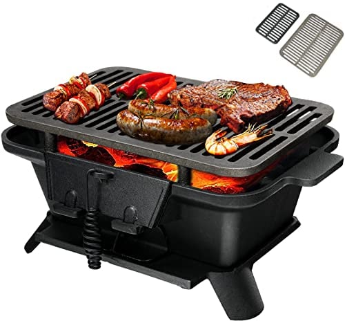 GiantexUK Cast Iron Charcoal Grill, Tabletop Barbecue Grill with Double-Sided Grilling Net, Air Regulation Door and Fire Gate, Portable Smoker Grill for Outdoor Cooking Camping Hiking