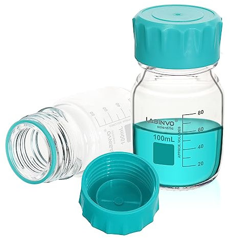 LABINVO Glass Round Media Storage Bottles, 12pcs of Vol.100ml, 3.3 Borosilicate Glass Material, With GL45 Polypropylene Screw Cap in Aqua Blue Color, Type B Cap, IN-RB100B