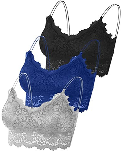 Leezepro Damen BH 3er Pack Ohne Bügel Push up Crop Top Sexy Bustier Spitze BH Set Sport BH für Alltag Yoga Fitness(Schwarz-Grau-Blau,L)