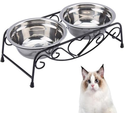 Stainless Steel Raised Pet Bowls with Iron Stand, Double Dog Cat Food and Water Feeder Dish Retro Iron Elevated Stand for Small Middle Sized Dog Cat Puppy Pet