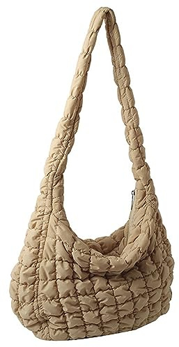 Gesteppte Tragetasche für Frauen Puffer Taschen Große Polsterung Schultertasche Knödel Unterarmtasche Hobo Bag Wolke Handtaschen mit Reißverschluss 2024, Khaki, Small