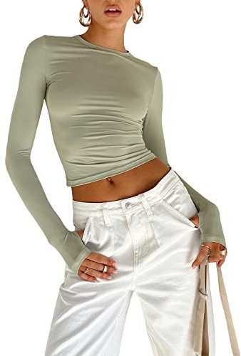 OYIGELZ Long Sleeve Tops Women's Basic T-Shirt Long Sleeves Crop Top Y2K Slim Fit Casual Round Neck Tee Shirt Streetwear(Light Green-b,S)