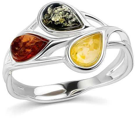 Anillo tricolor de plata de ley con ámbar – varios colores amarillo, verde, naranja ámbar – tallas J-R disponibles