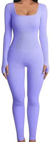 Rongseng Tuta da donna a maniche lunghe, con collo quadrato, per sport, tuta lunga, aderente, body con yoga, body a costine, Lilla, S