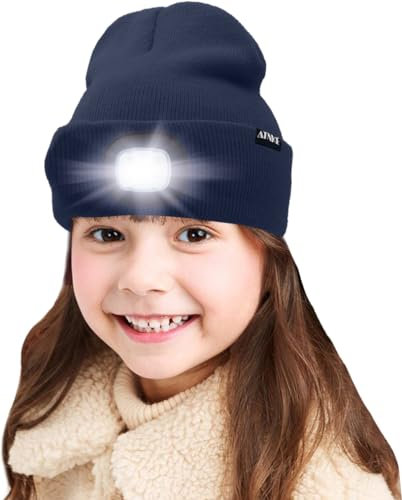 ATNKE Kids LED beleuchtete Mütze mit Licht, USB Wiederaufladbare 4 LED Scheinwerfer wasserdichte Winterwärmer Strick Nachthüte mit leichten Jungen Mädchen/Light Navy Blue
