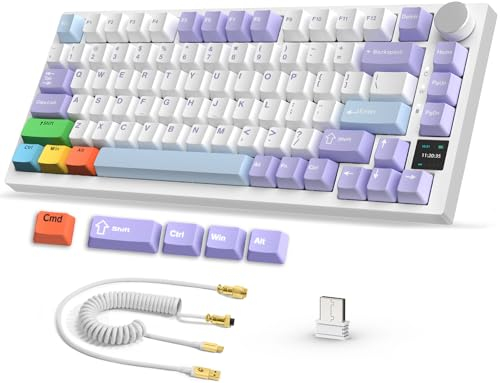 AJAZZ AK820PRO Wireless Mechanical Gaming Keyboard,2.4GHz/Bluetooth/USB-C,75% Layout 81 Keys with TFT Color Display&CNC Knob,Coiled USB C Cable,RGB Backlight Hot-Swappable,4000mAh Battery-Purple Blue