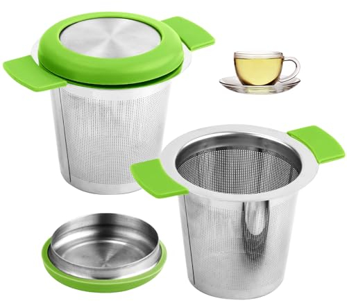 2pcs Tea Strainers for Loose Tea, Stainless Steel Tea Infuser Mesh Basket Filter Diffuser Holder with Double Handle Large Capacity Tea Steeper for Teapots, Cups, Mugs (Green)