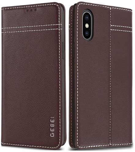 Gebei Hülle Echt Leder für iPhone X, iPhone XS - Premium Lederhülle Klapphülle mit Standfunktion und Kartenfächer Flip Case Ledertasche für iPhone X, XS - 5,8 Zoll (Braun)