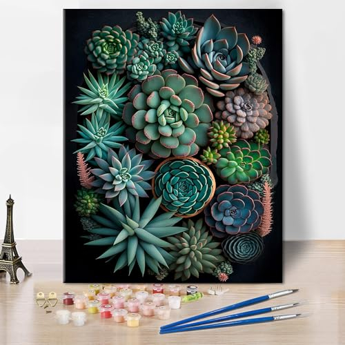TISHIRON Sukkulenten Malen nach Zahlen Erwachsene, Pflanzen Malen nach Zahlen Kits auf Leinwand, Blumen Malen nach Zahlen Kit für Erwachsene, DIY Acrylmalerei Kunsthandwerk 40 x 50 cm(rahmenlos)
