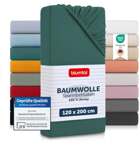 Blumtal® Baumwolle Spannbettlaken 120x200x30cm Basics Jersey - Bettlaken Oeko-TEX zertifiziertes Spannbetttuch 120x200cm - Silver Pine