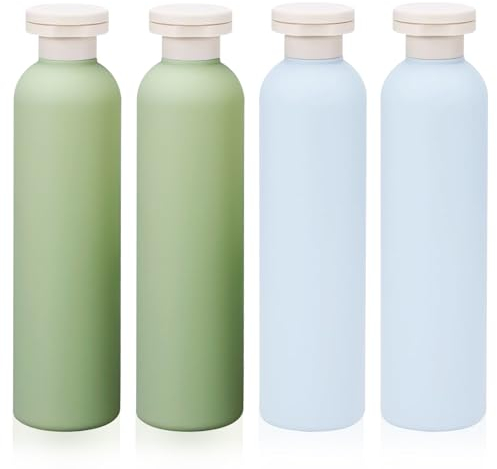Harewu 4Pcs 8.8oz Flip Top Squeeze Bottles,Reusable and Refillable Leak Proof Travel Bottles,For Lotions,Facial Creams,Shampoos,Hair Conditioner (Green+Blue)