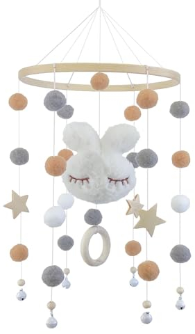 Holz Baby Mobile mit Filzbällen 3D Wolken - Mobile Baby Windspiele, Bettglocke Anhänger für Babybett Jungen und Mädchen (Weißes Kaninchen)