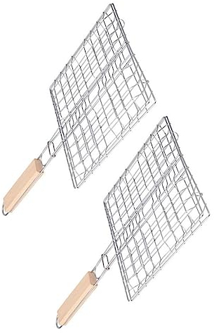 Gogogmee 2St Grillnetz aus Edelstahl edelstahlgrill klappbarer Grill Grillrost für Balkon Grillzange Faltbarer Grillrost Grillbürste Steak-Garnelen-Grillkorb Outdoor-Grillzubehör Bambus