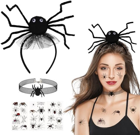 Wolkstello Serre Tete Halloween Araignée, Serre Tête Halloween Femme Enfant avec Colliers Tatouage, Araignée Serre Tête pour Femme Enfant Accessoire Deguisement Halloween Carnaval